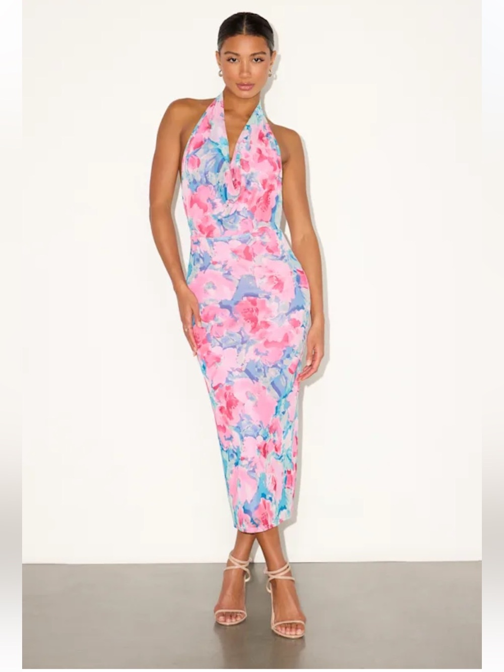 NWT Lulus Venus Teal and Pink Floral Mesh Backless Midi Dress FLAWED
